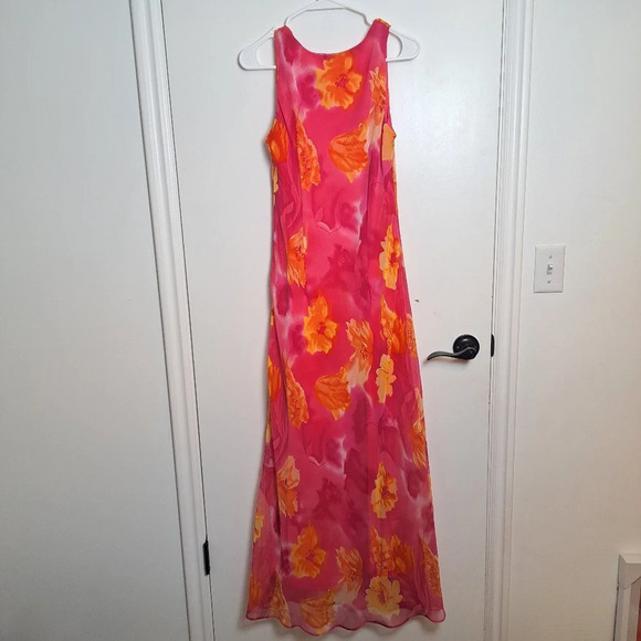 Positive Attitude Pink Orange Floral Chiffon Fairy Romantic Maxi Dress Sz Small - Picture 2 of 5